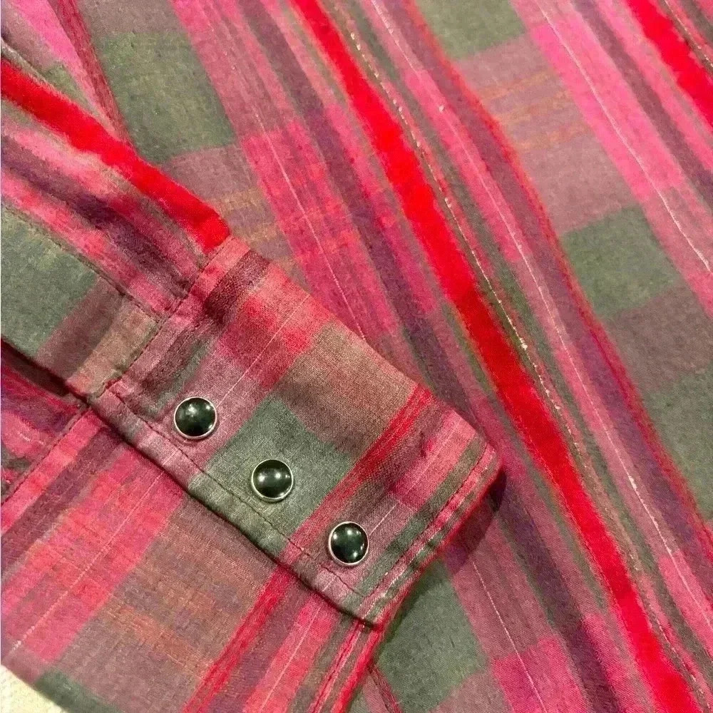 Wrangler Pearl Snap Gold Red & Green Striped Shirt Men’s 15 1/2-34 X-Long Tails - Picture 5 of 6
